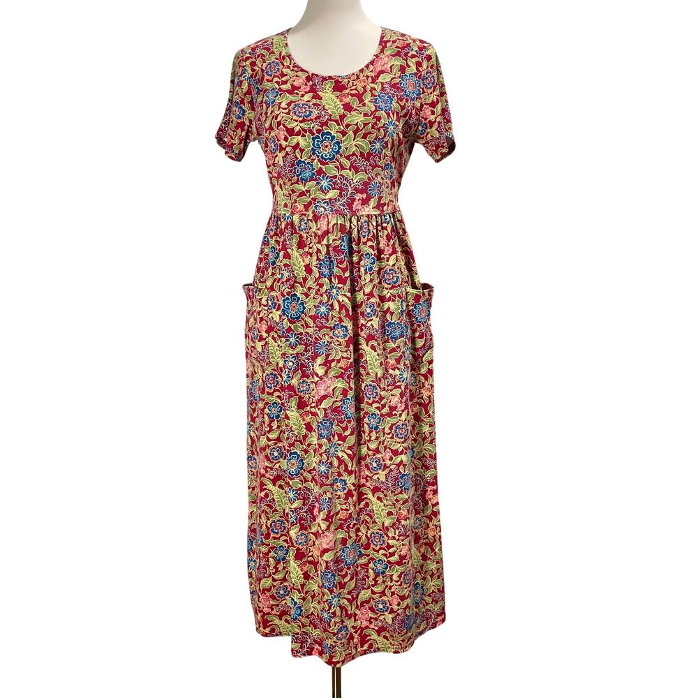 Vintage 90s Casual Midi Dress Red Floral Deep Pockets Cottage Boho Grandma Small